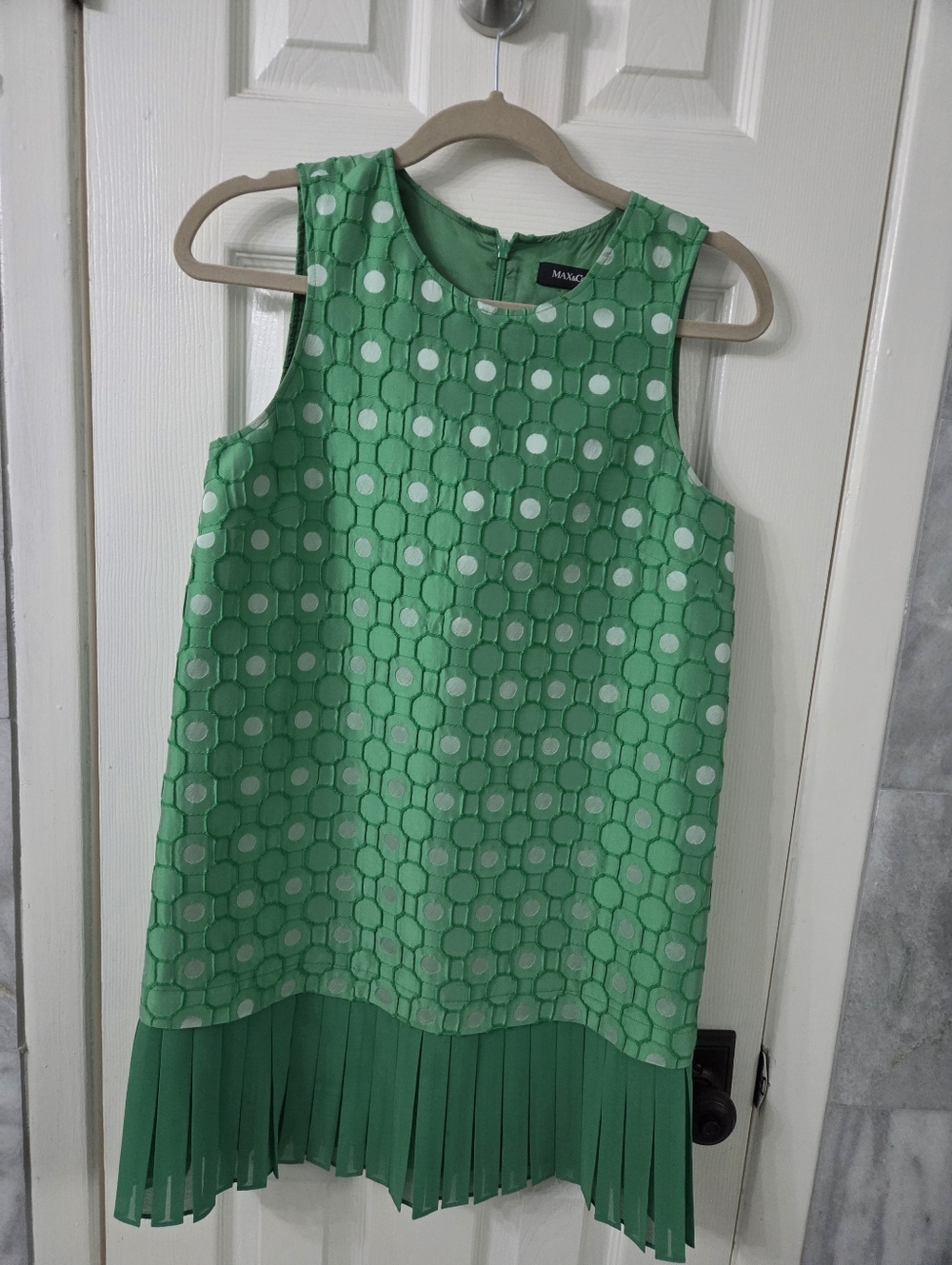 Max Studio Green Polka Dot Fringe Hem Shift Dress